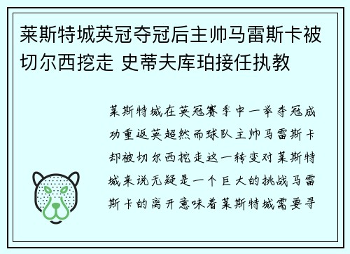 莱斯特城英冠夺冠后主帅马雷斯卡被切尔西挖走 史蒂夫库珀接任执教 莱斯特城英冠夺冠后主帅马雷斯卡被切尔西挖走 史蒂夫库珀接任执教