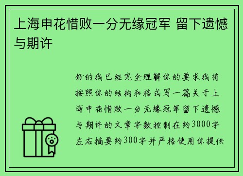 上海申花惜败一分无缘冠军 留下遗憾与期许